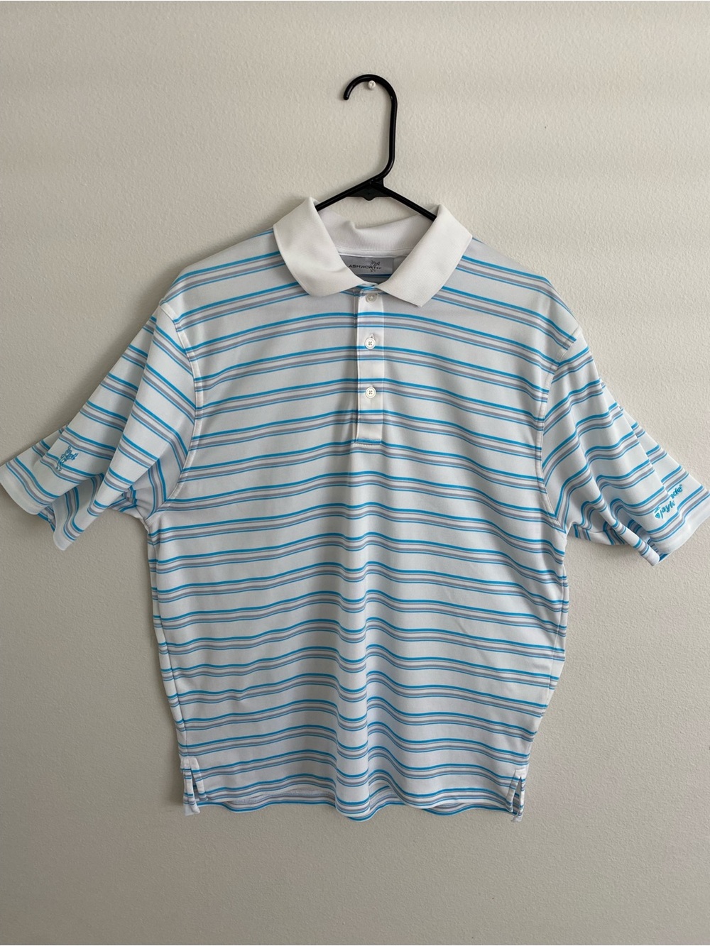 Ashworth White & Light Blue Striped Golf Polo